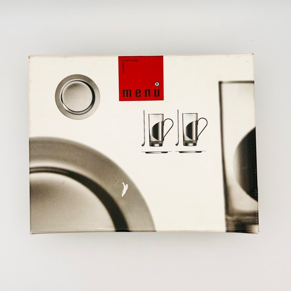 Skagen 'MENU' Irish Coffee Glass Set W/ Stainless Steel Spoons & Coasters NIB